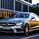A luxurious Mercedes-Benz CLS Coupe, showcasing its sleek, flowing curves and bold front grille, parked on a modern city street at dusk. The vehicle's multi-beam LED headlights illuminate the scene, casting a dramatic glow on its elegant silhouette. The thin, elongated taillights glow brilliantly, emphasizing its commanding presence. A professional individual, fully clothed in a modest business outfit, stands beside the car, admiring its design. Photography style: high-end automotive editorial, cinematic, realistic, sharp focus, professional photography, perfect anatomy, correct proportions, natural pose, well-formed hands, proper finger count, natural body proportions, safe for work, appropriate content, fully clothed, family-friendly.